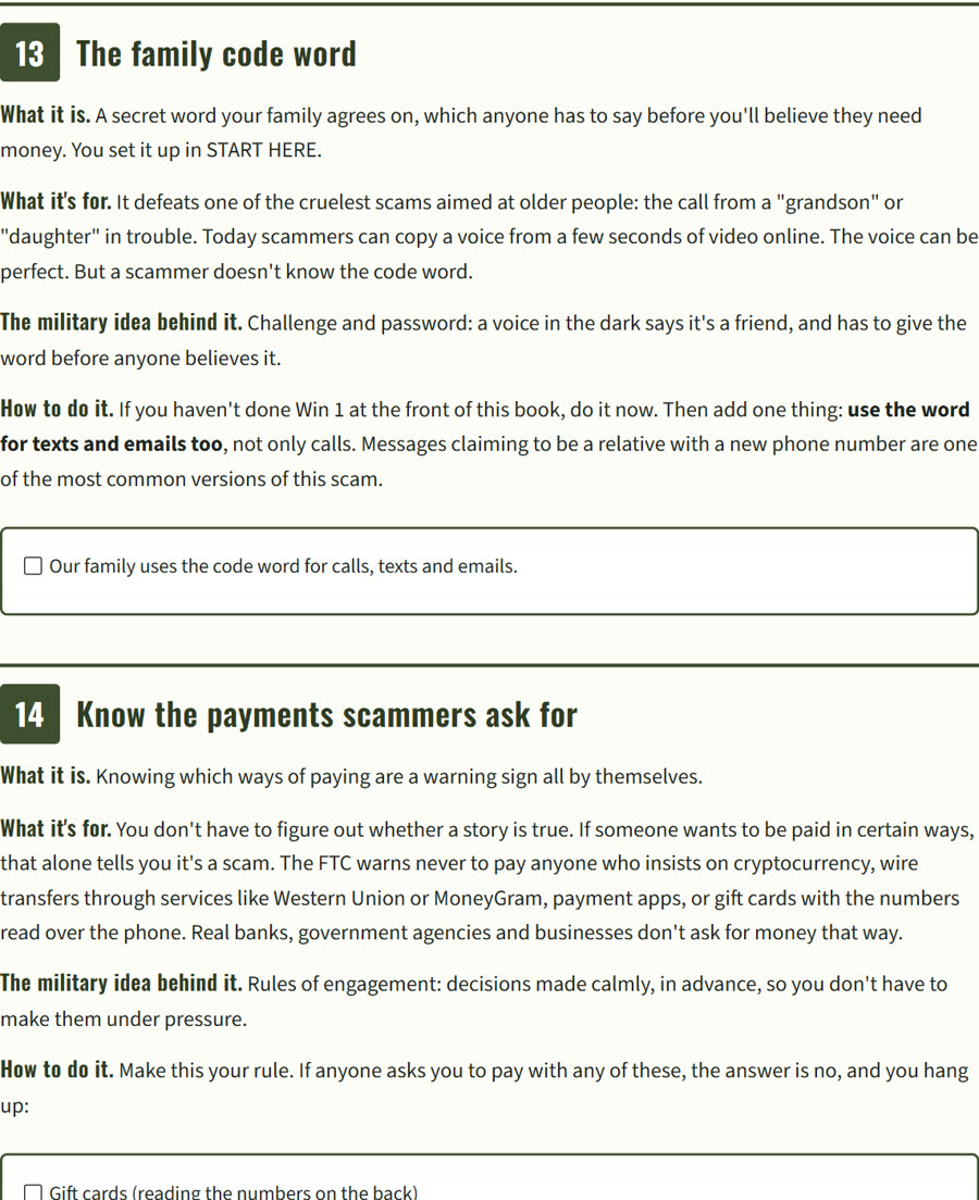 Page from 50 Essential Military Skills: the family code word