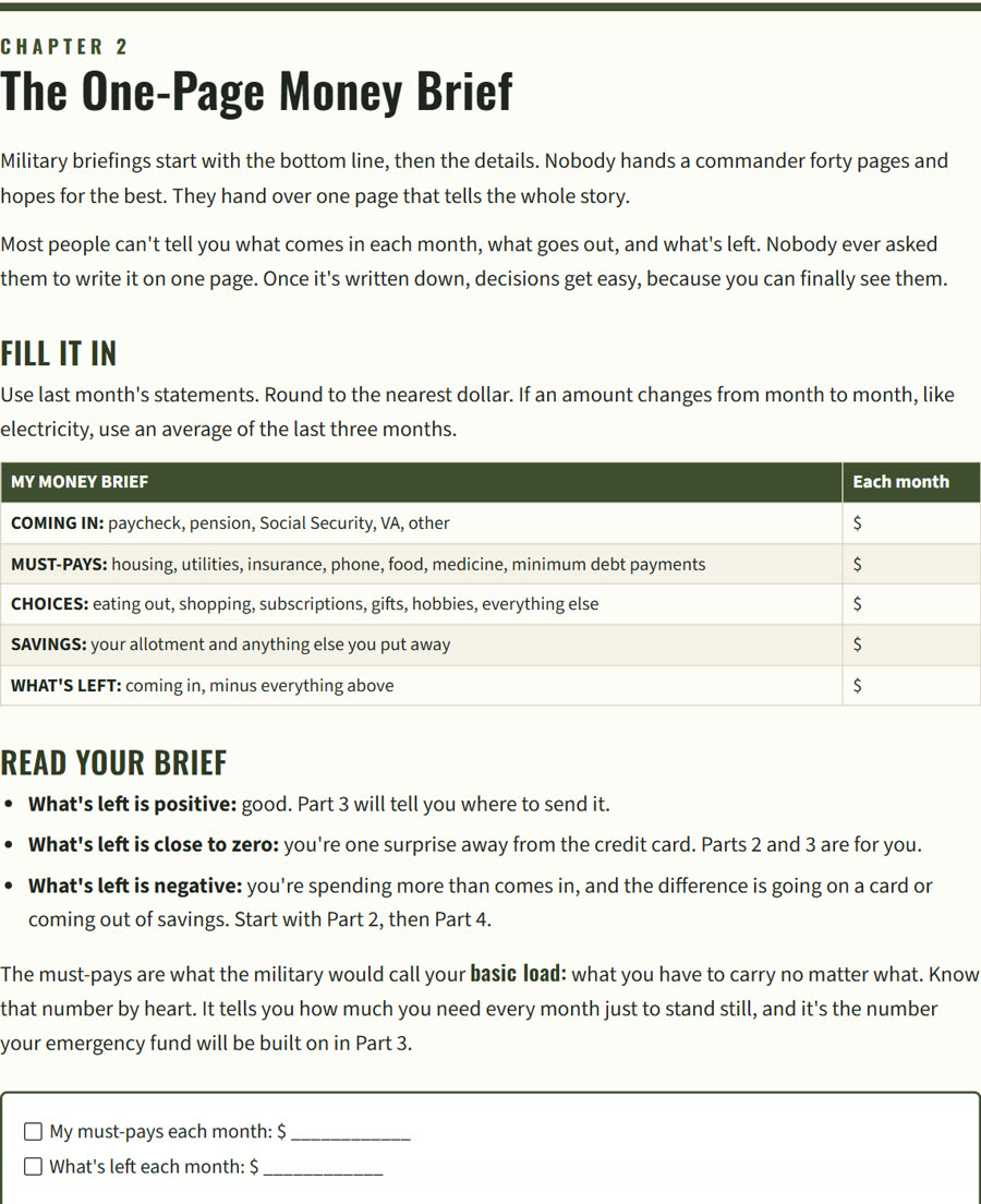 Page from Money Discipline: the one-page money brief