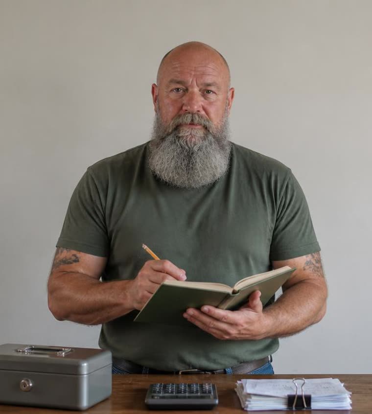 Walt Kessler at his kitchen table with a notebook